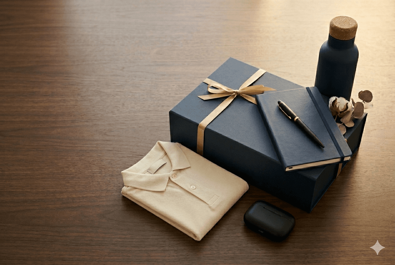 Curated corporate gift set with navy gift box, brass-clipped pen, navy notebook, cork-lid water bottle, and folded linen